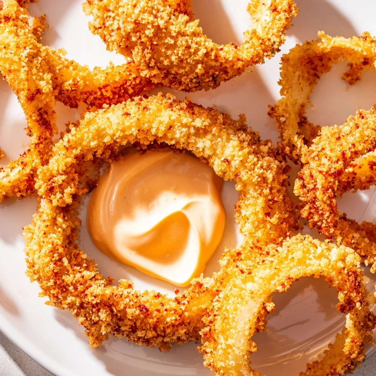 Crispy Air Fryer Onion Rings with Spicy Burger Sauce are plated with a creamy dip and fresh parsley garnish.