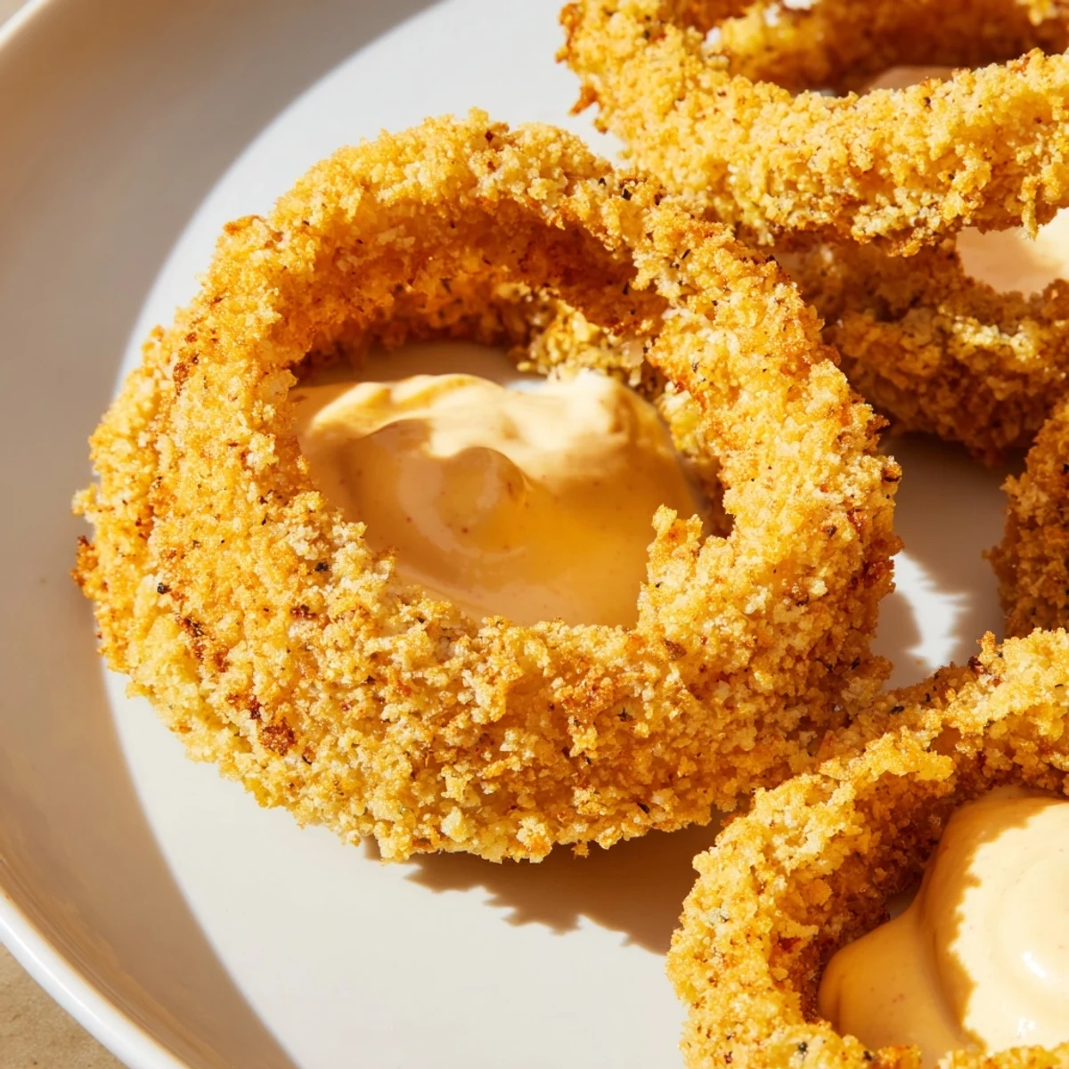 Close-up of Crispy Air Fryer Onion Rings with Spicy Burger Sauce showing crunchy breading and a rich, spicy dip.
