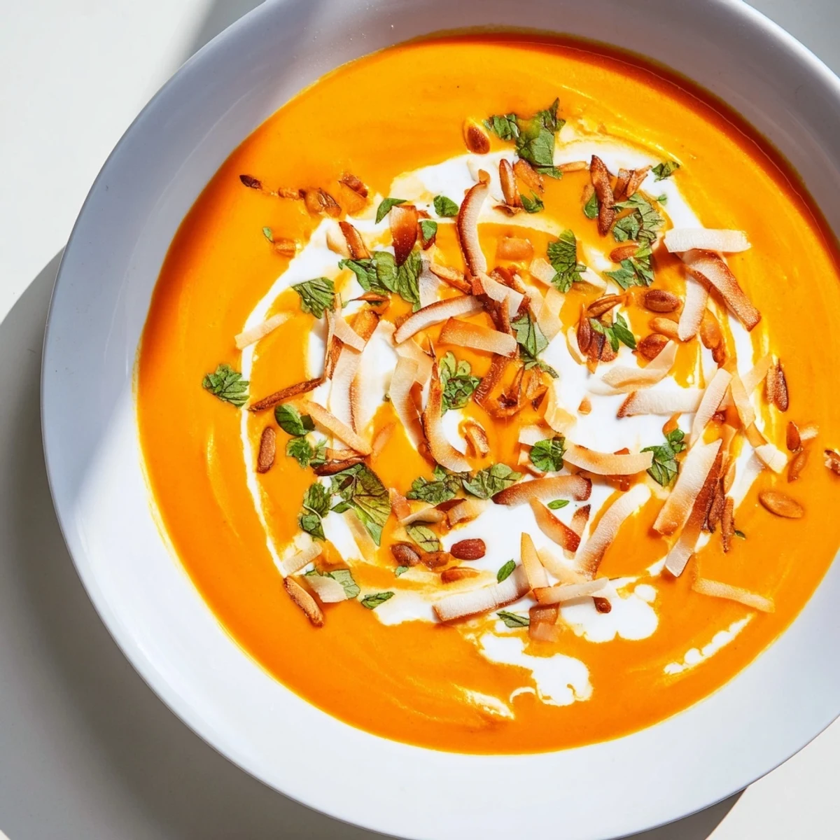 Steam rises from a smooth, creamy Roasted Carrot and Ginger Soup with Coconut Milk, served alongside crusty bread for dipping.