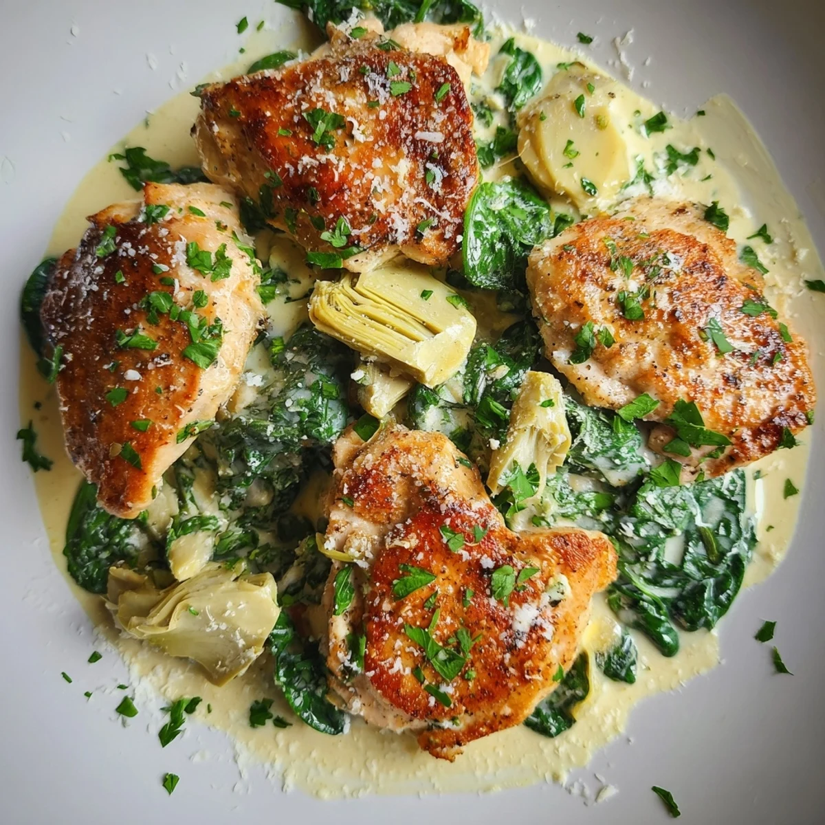 A plated serving of creamy spinach and artichoke chicken, featuring tender meat and a rich, garlicky sauce, perfect alongside a glass of white wine.