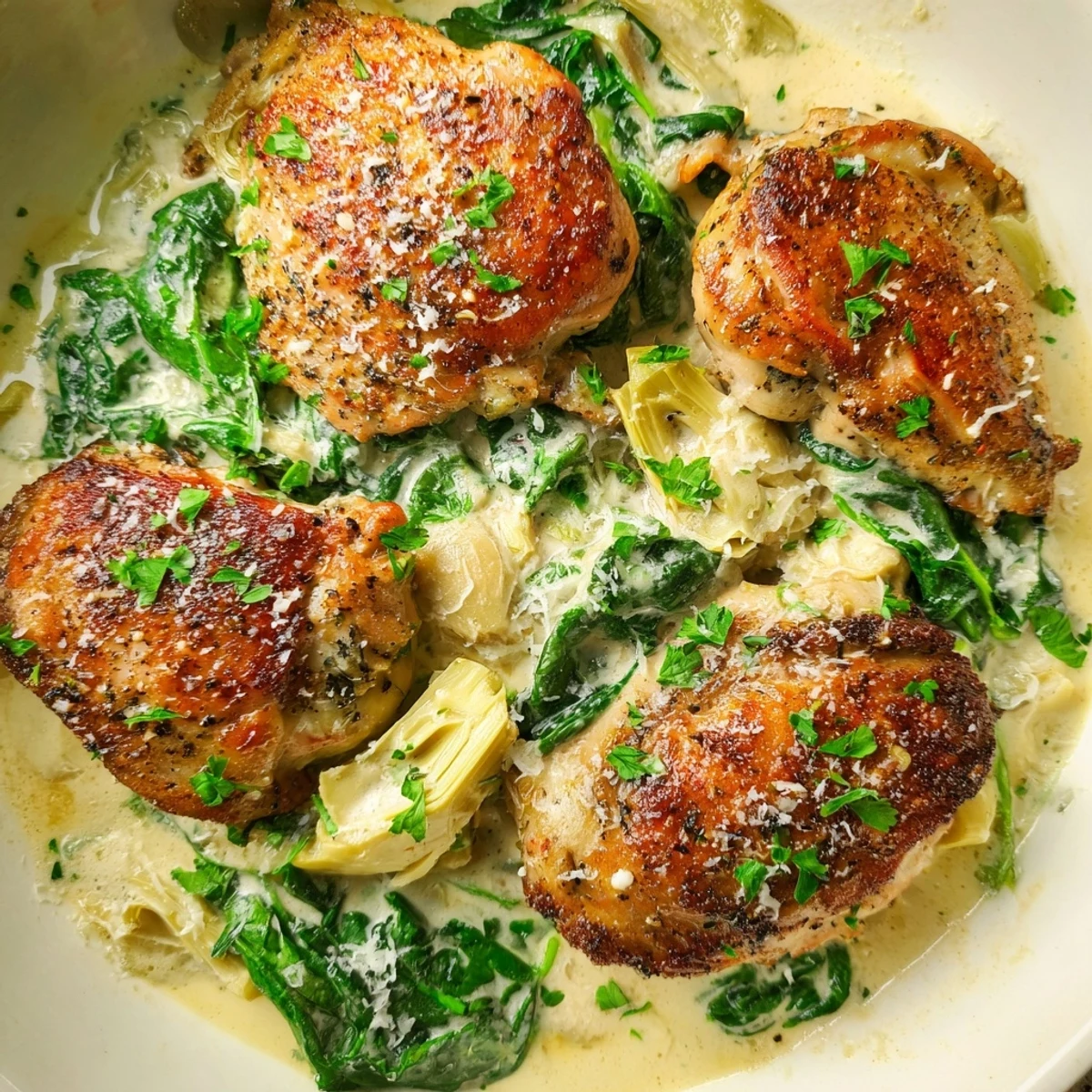 Golden-brown chicken breasts nestle in a creamy spinach and artichoke skillet, garnished with fresh parsley and extra Parmesan cheese for a cozy weeknight dinner.