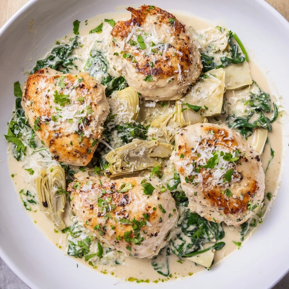Sizzling skillet of creamy spinach and artichoke chicken dinner, showcasing a luscious sauce with wilted greens and quartered artichoke hearts in a pan.