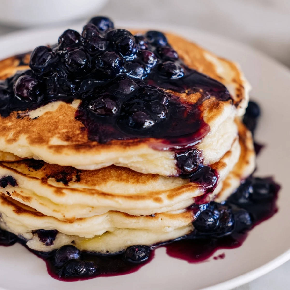 A close-up view of freshly cooked Lemon Ricotta Pancakes, topped with vibrant blueberries and a dusting of powdered sugar.