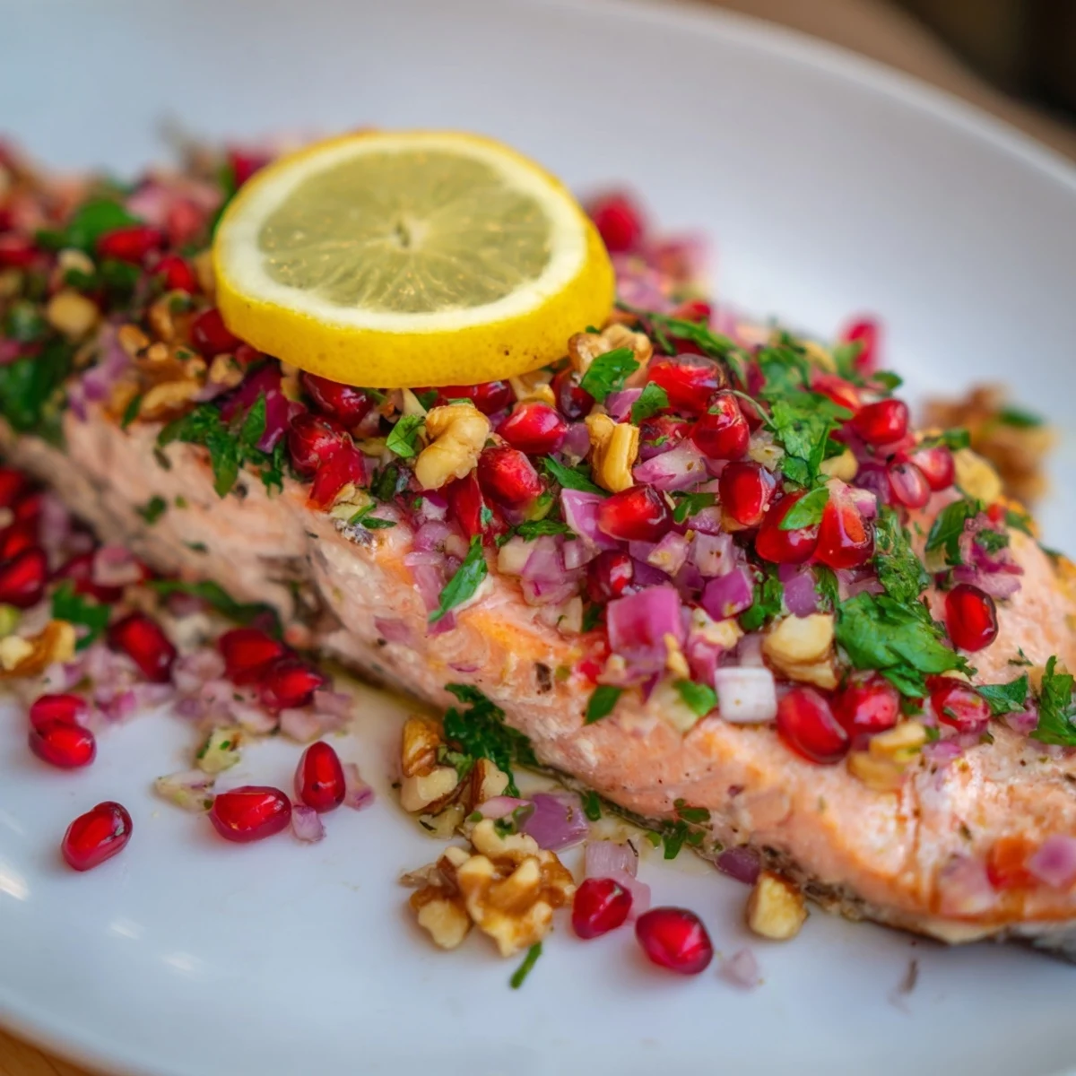 Freshly baked salmon fillets topped with Baked Salmon with Pomegranate, Walnut, and Herb Salsa for a festive Mediterranean dinner.