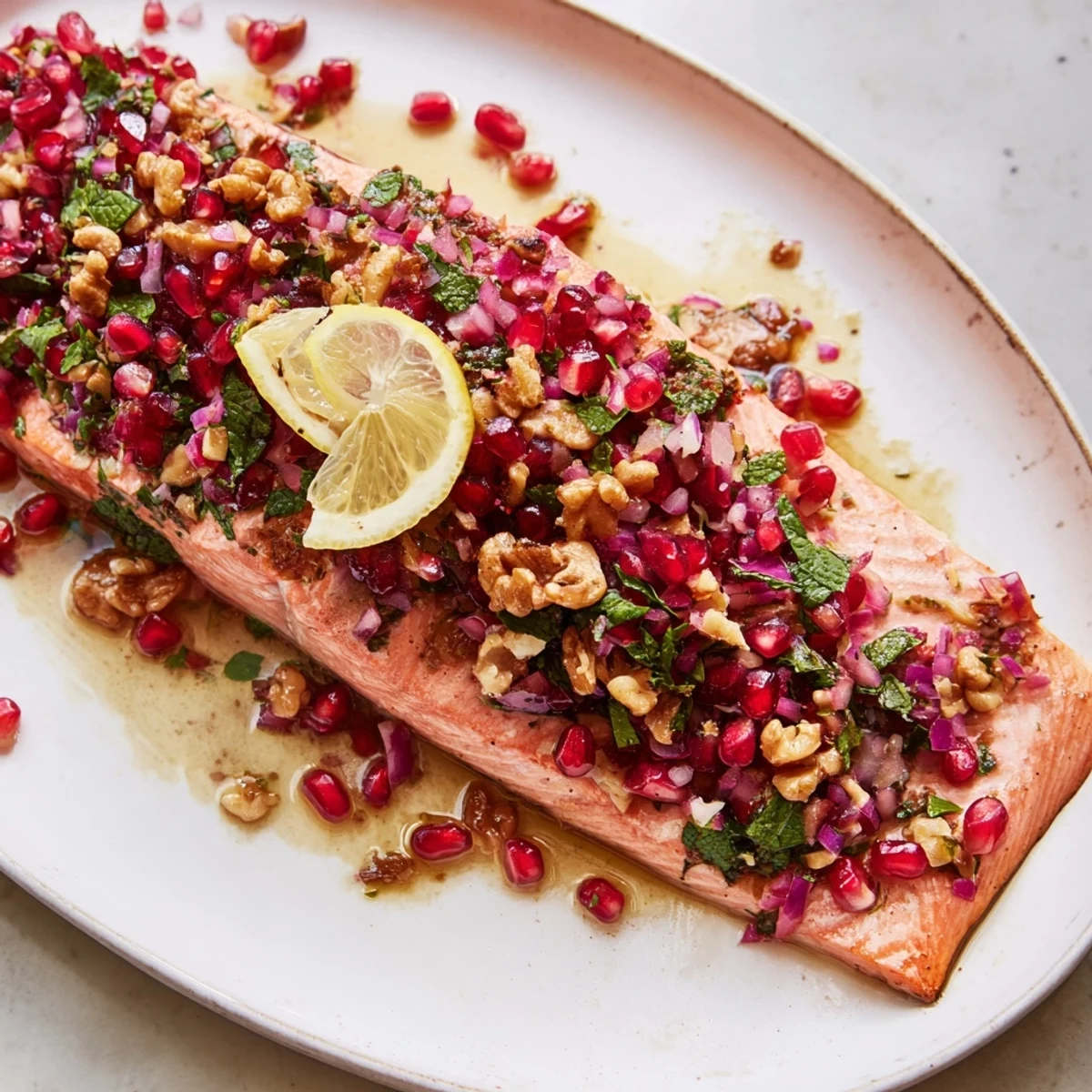 Vibrant parsley and mint add fresh flavor to the Baked Salmon with Pomegranate, Walnut, and Herb Salsa main dish.