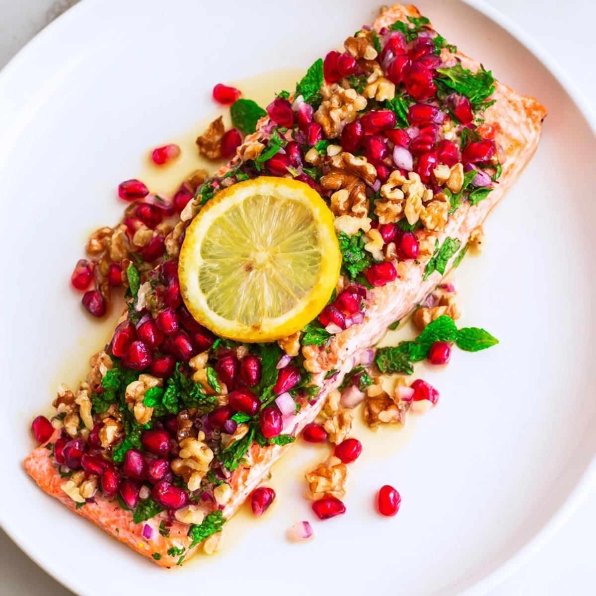 Juicy pomegranate seeds and crunchy toasted walnuts garnish this Baked Salmon with Pomegranate, Walnut, and Herb Salsa recipe.