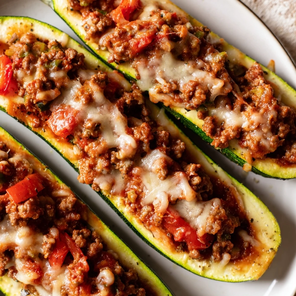Golden-baked Zucchini Boats Stuffed with Ground Beef and Tomato topped with melted mozzarella and parsley.