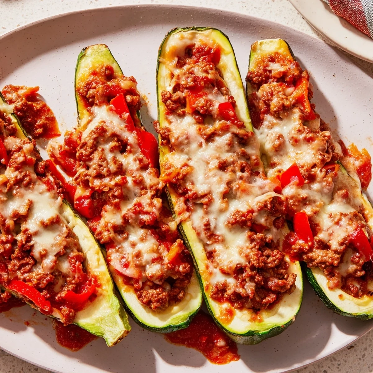 Savory Zucchini Boats Stuffed with Ground Beef and Tomato served hot from the oven with bubbly cheese.