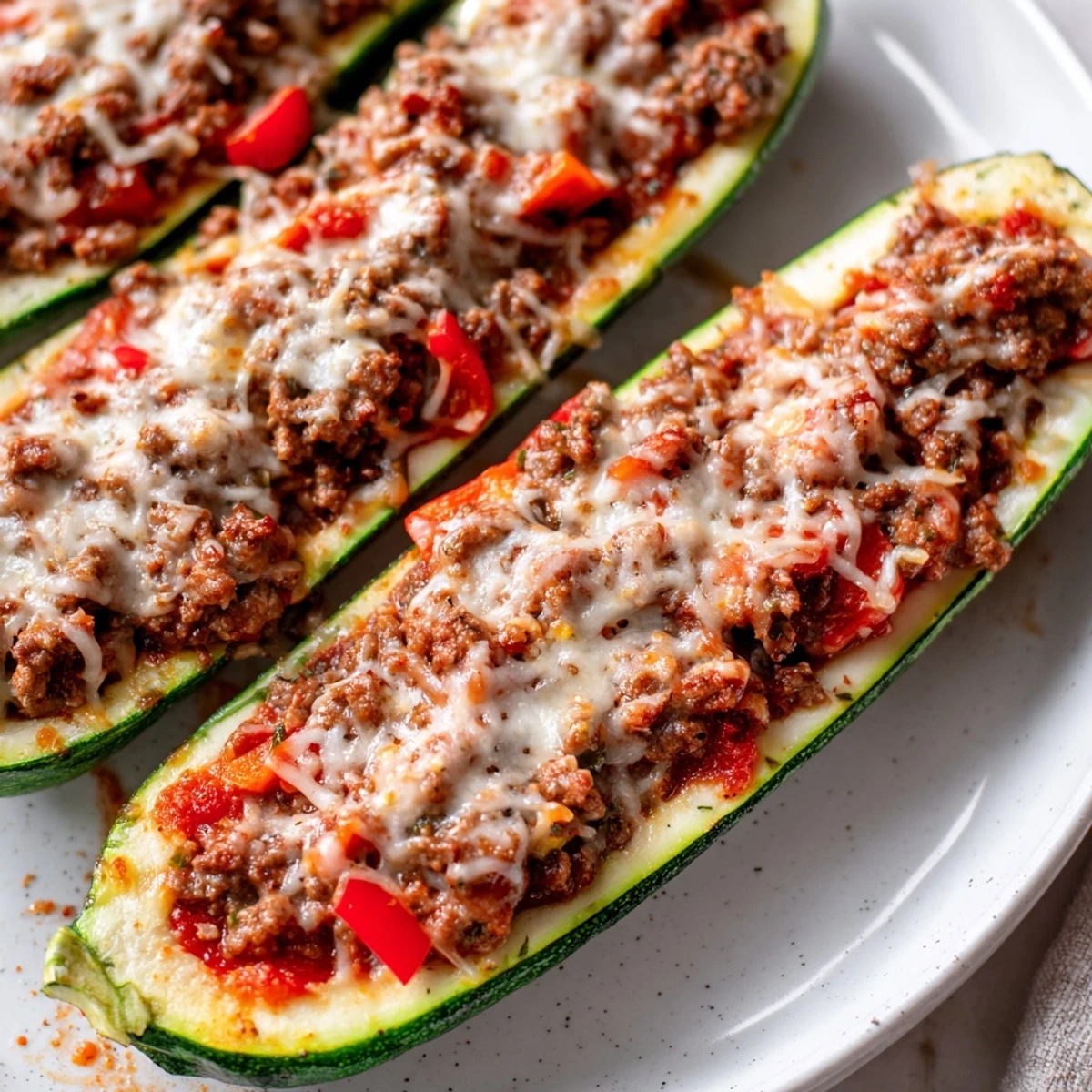 Freshly baked Mediterranean Zucchini Boats Stuffed with Ground Beef and Tomato in a white ceramic dish.