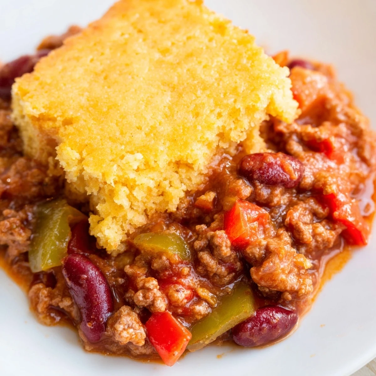 Golden-cornbread topping covers a thick beef chili with kidney beans and sweet corn in a 9x13 baking dish.
