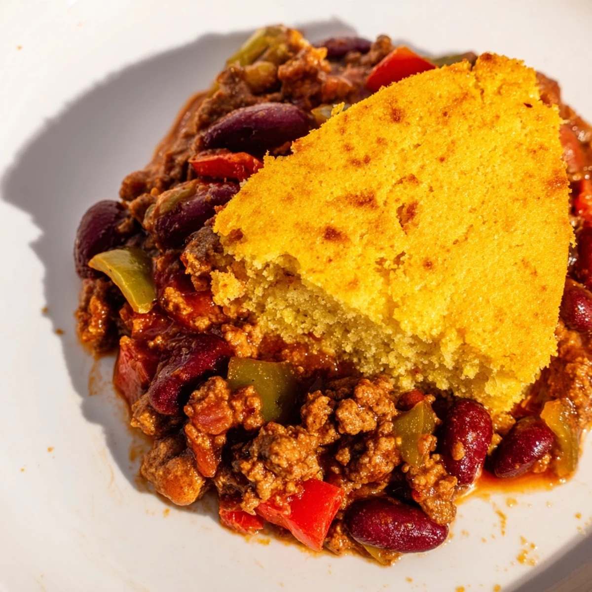 A close-up of beef chili with kidney beans and cornbread topping, bubbling beside a serving with sour cream.