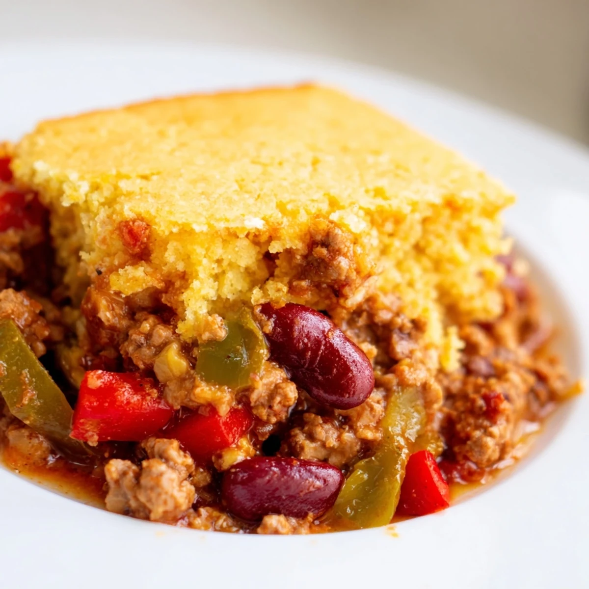 Hearty beef chili with kidney beans and cornbread topping in a white dish, garnished with cilantro for a weeknight dinner.