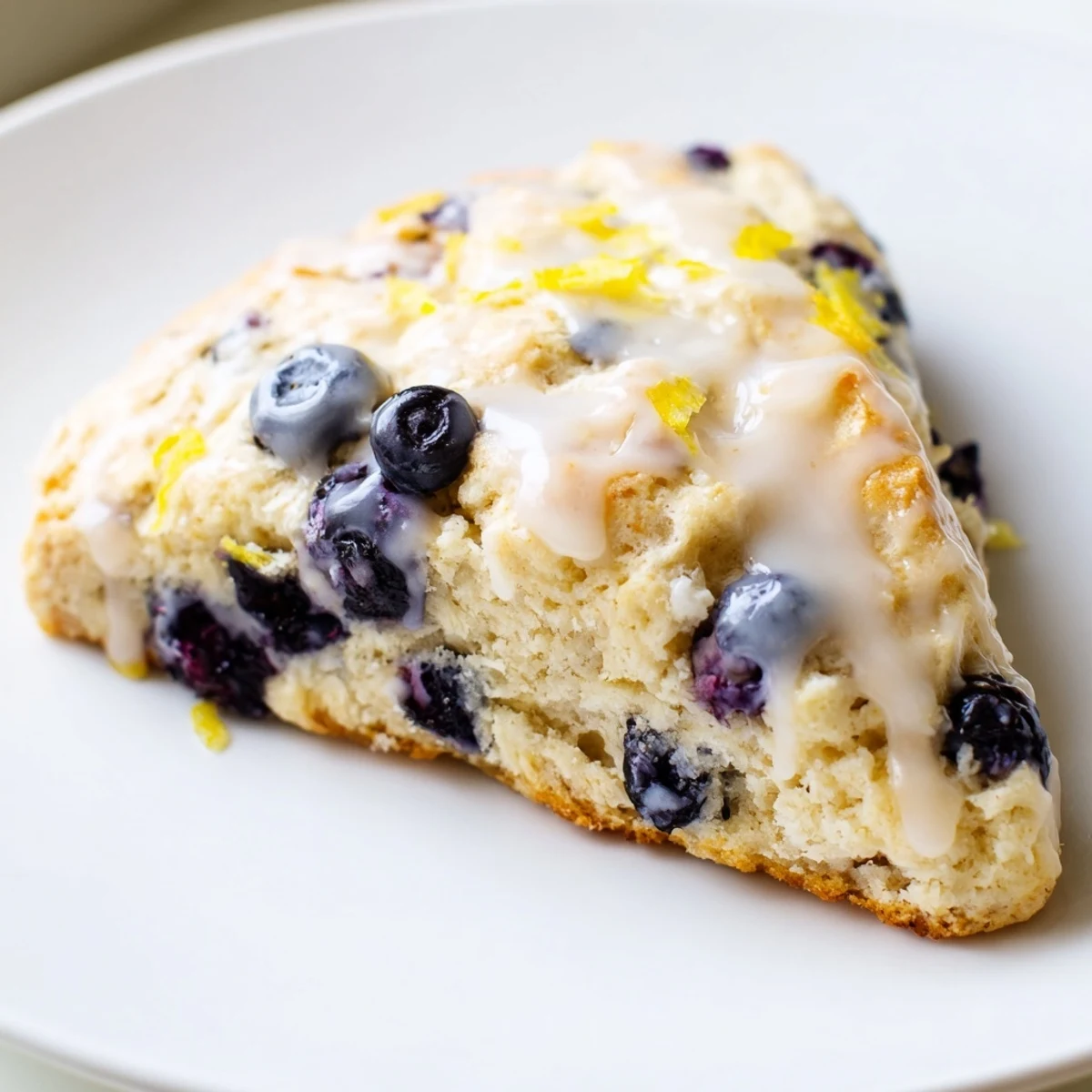 Warm Lemon Blueberry Scones with Sweet Vanilla Glaze served beside a cup of tea and fresh blueberries.