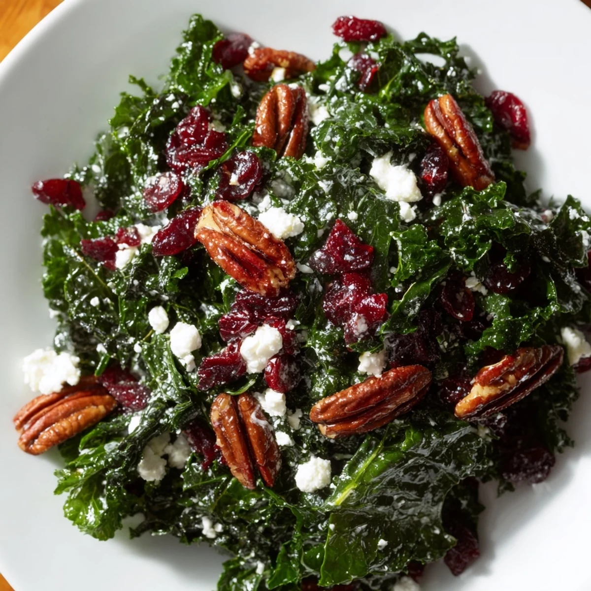 Freshly toasted pecans and bright red cranberries add texture to a vibrant bowl of Winter Kale Salad with creamy goat cheese crumbles.