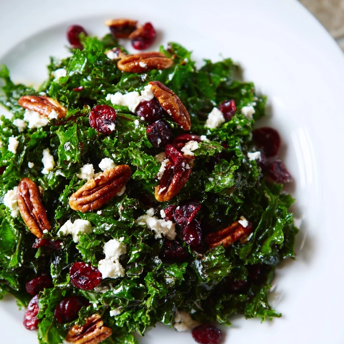 A close look at a festive Winter Kale Salad reveals toasted pecans, sweet cranberries, and creamy goat cheese on maple-dressed kale.