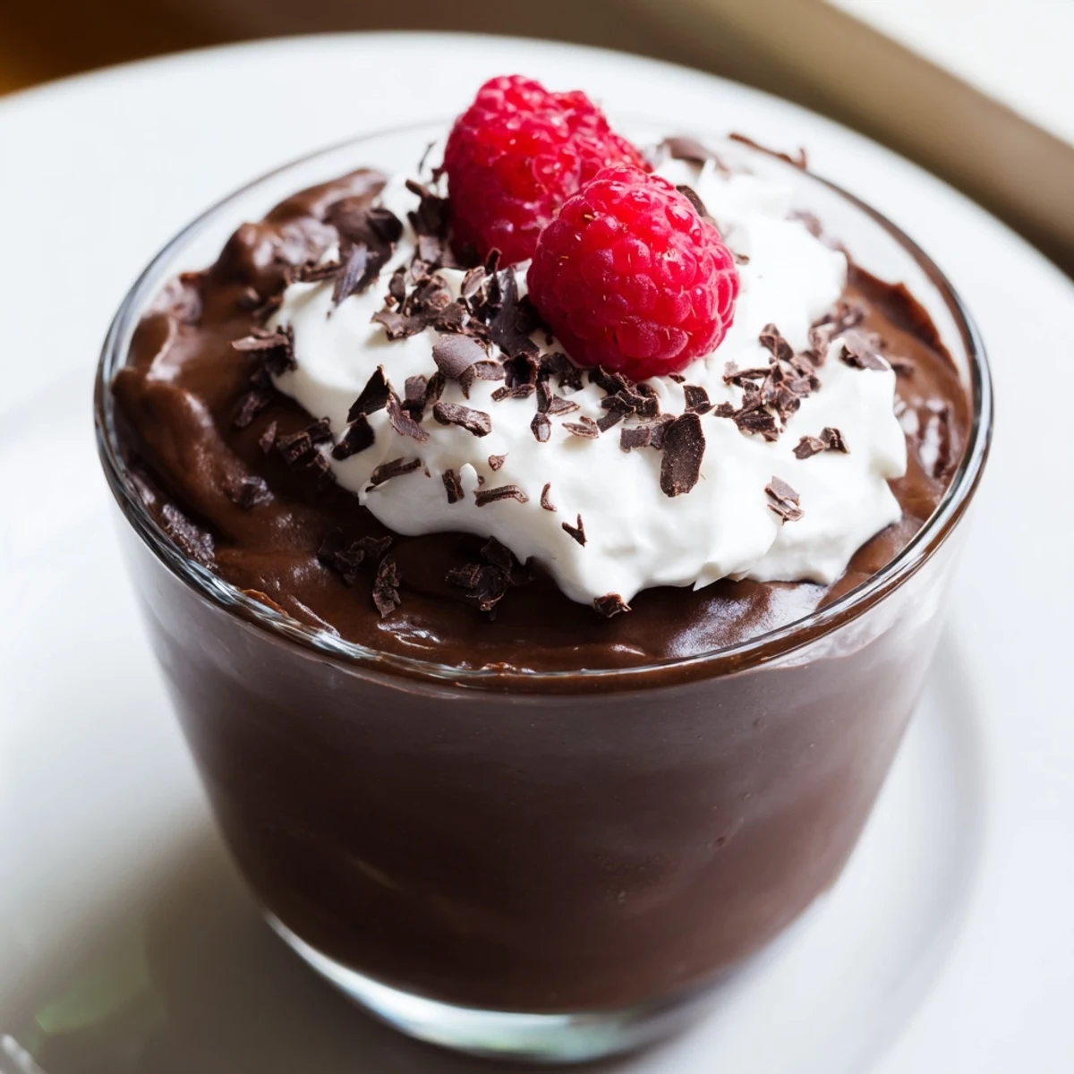 Rich vegan Chocolate Avocado Mousse with dark chocolate shavings and fresh raspberries.