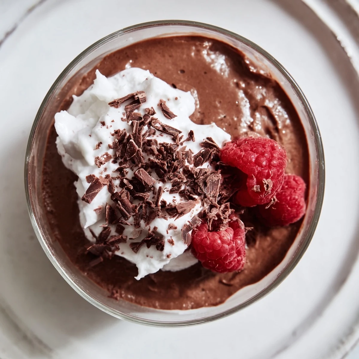 Creamy Chocolate Avocado Mousse topped with fluffy coconut cream in a glass.