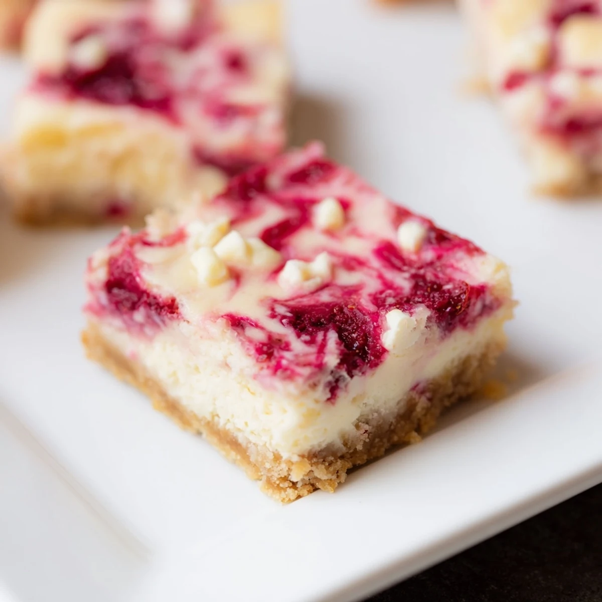 A close-up view of Raspberry White Chocolate Cheesecake Bars with a buttery graham cracker crust and creamy filling.