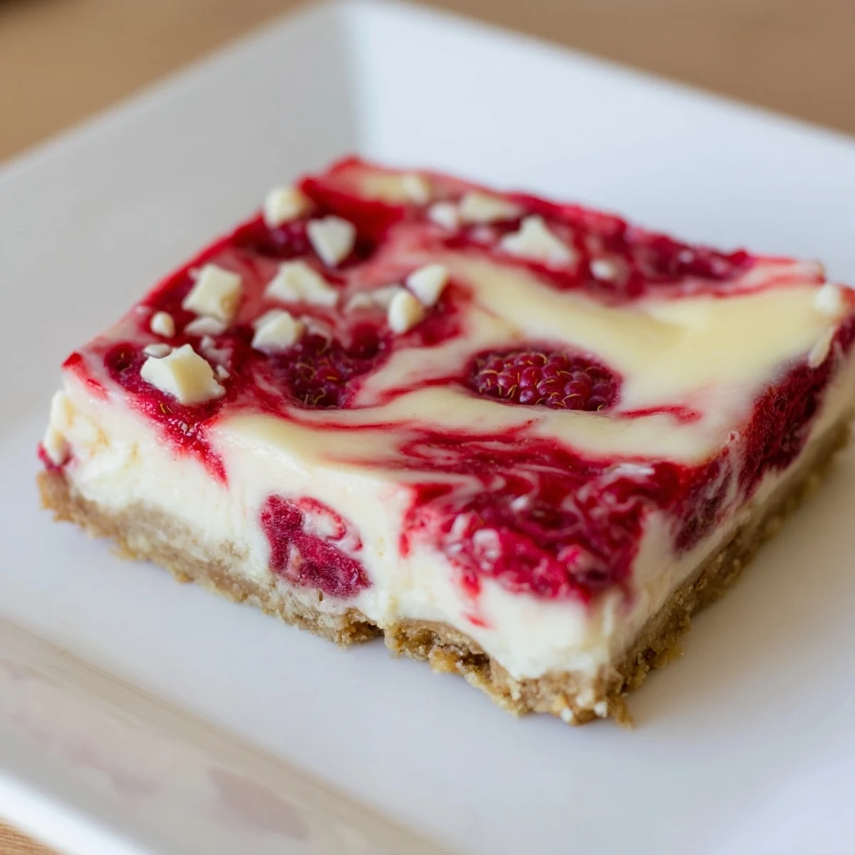 Homemade Raspberry White Chocolate Cheesecake Bars showing a beautiful pink swirl, cut and ready to serve.
