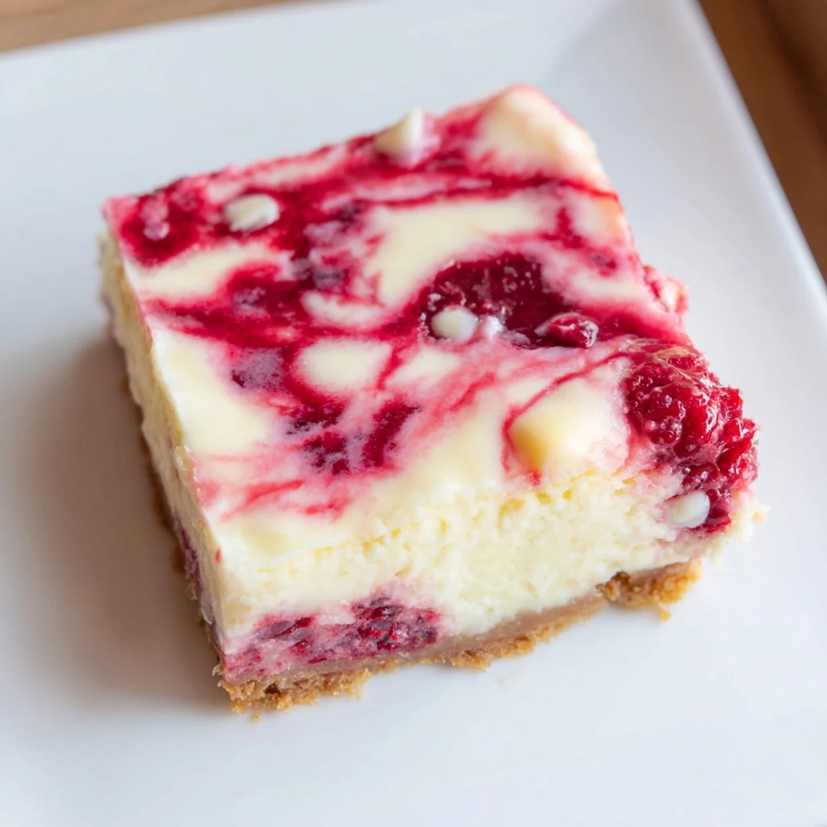 Slices of Raspberry White Chocolate Cheesecake Bars garnished with fresh raspberries on a white ceramic plate.
