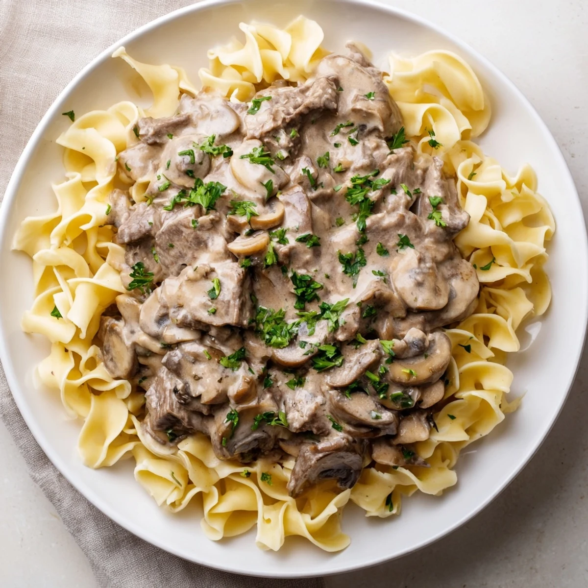 Creamy Beef Stroganoff over Egg Noodles with Mushroom Sauce in a rustic white bowl. Tender beef strips and sautéed mushrooms are coated in a rich, velvety sauce, garnished with fresh parsley. Served hot and comforting.