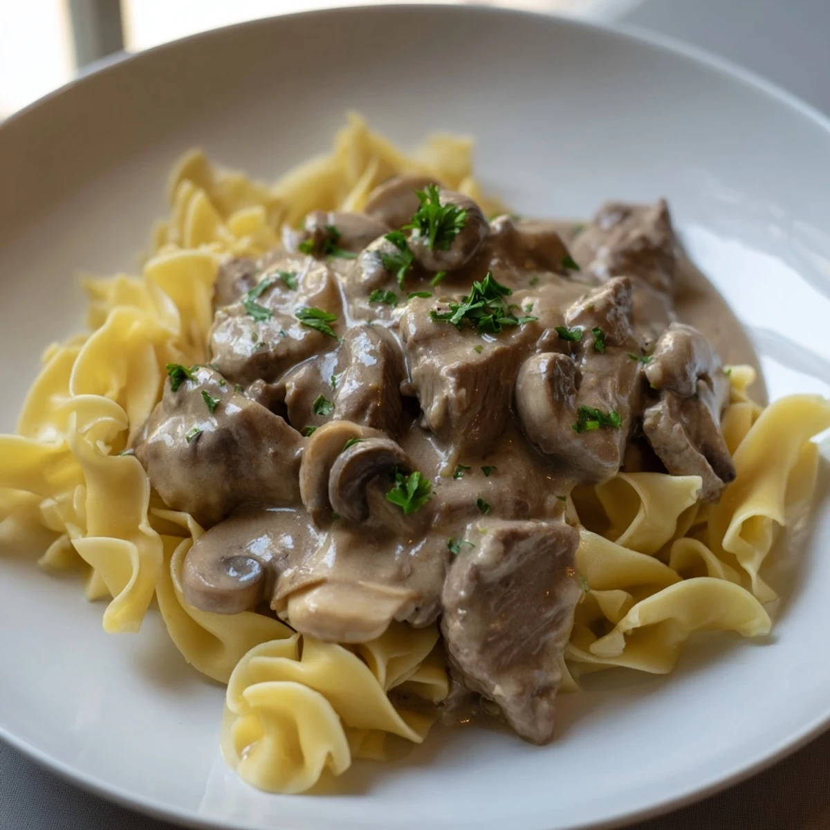 Beef Stroganoff over Egg Noodles with Mushroom Sauce on a dark wooden table. Golden egg noodles are twirled with savory beef strips and sliced cremini mushrooms in a creamy, glossy sauce. Fresh parsley adds a vibrant green touch.