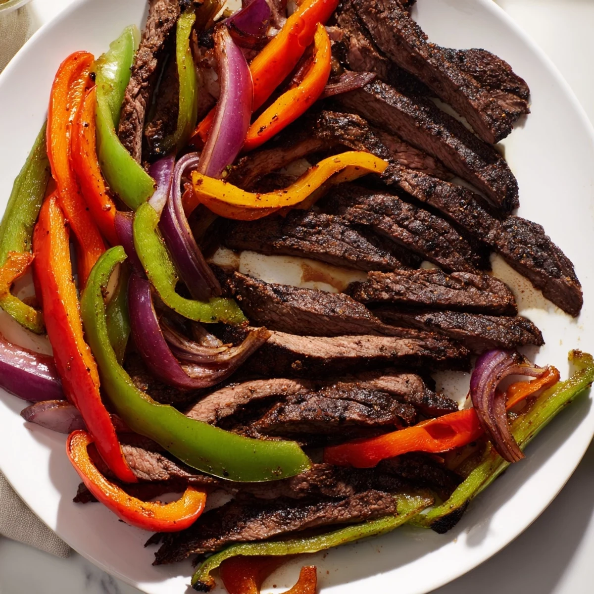 Golden-brown Sheet Pan Steak Fajitas with Bell Peppers and Onions fresh from the oven, garnished with cilantro and lime wedges.