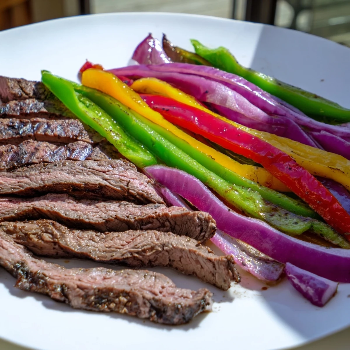 Tender marinated steak strips roasted with colorful peppers and onions on a sheet pan, ready for warm corn tortillas.