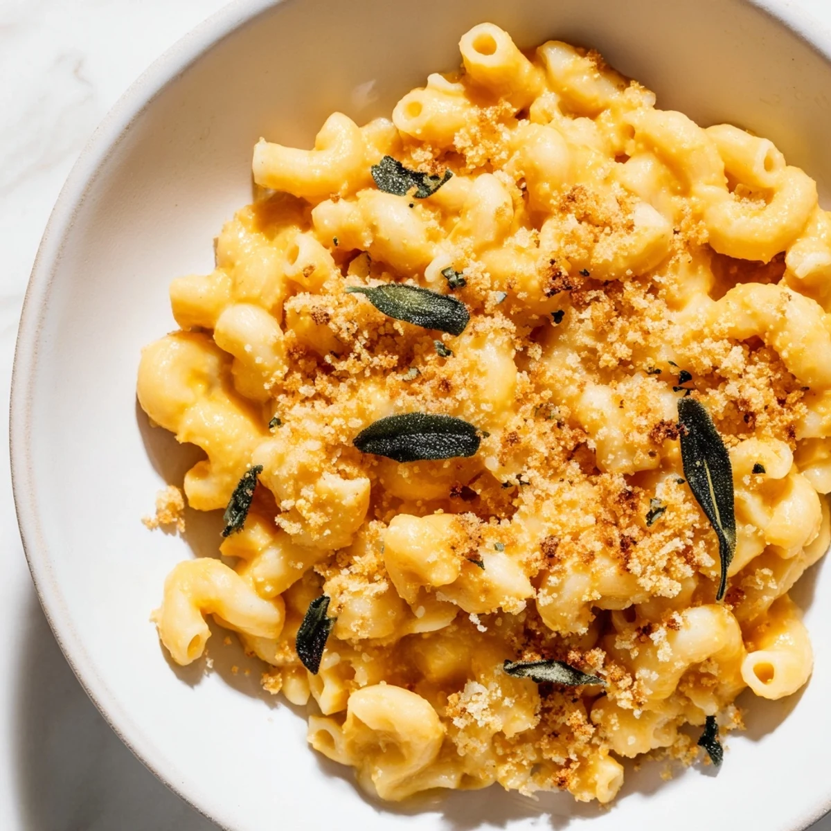 A creamy, vibrant bowl of Vegan Butternut Squash Mac and Cheese, garnished with fresh sage leaves for a comforting dinner.