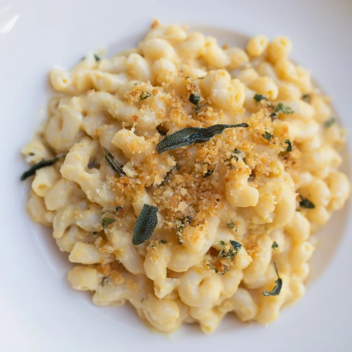 Golden-brown roasted butternut squash mac and cheese sits in a white bowl, topped with crispy sage and panko breadcrumbs.