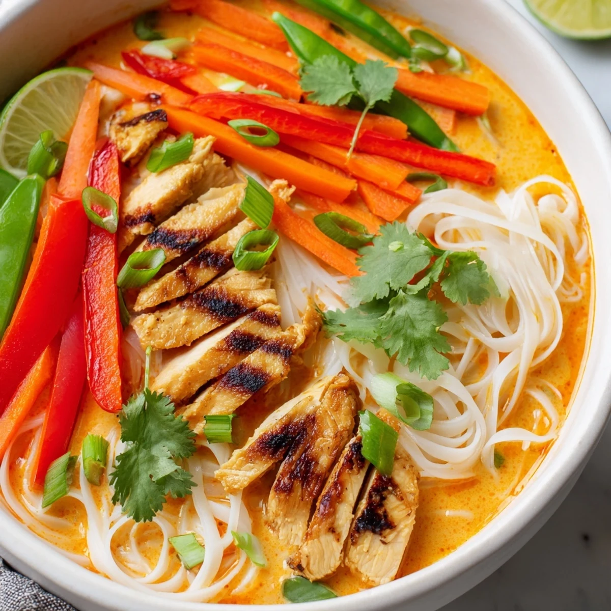 Sliced grilled chicken and silky rice noodles swim in a rich red curry coconut broth with crisp veggies.
