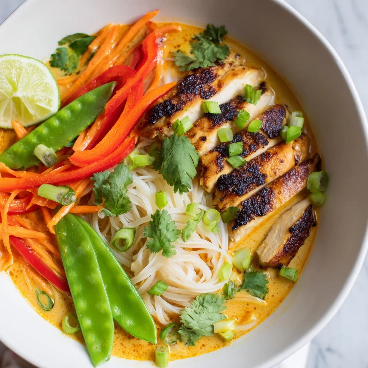 Steaming Thai Red Curry Noodle Soup with Grilled Chicken, fresh cilantro, and lime wedges in a rustic bowl.