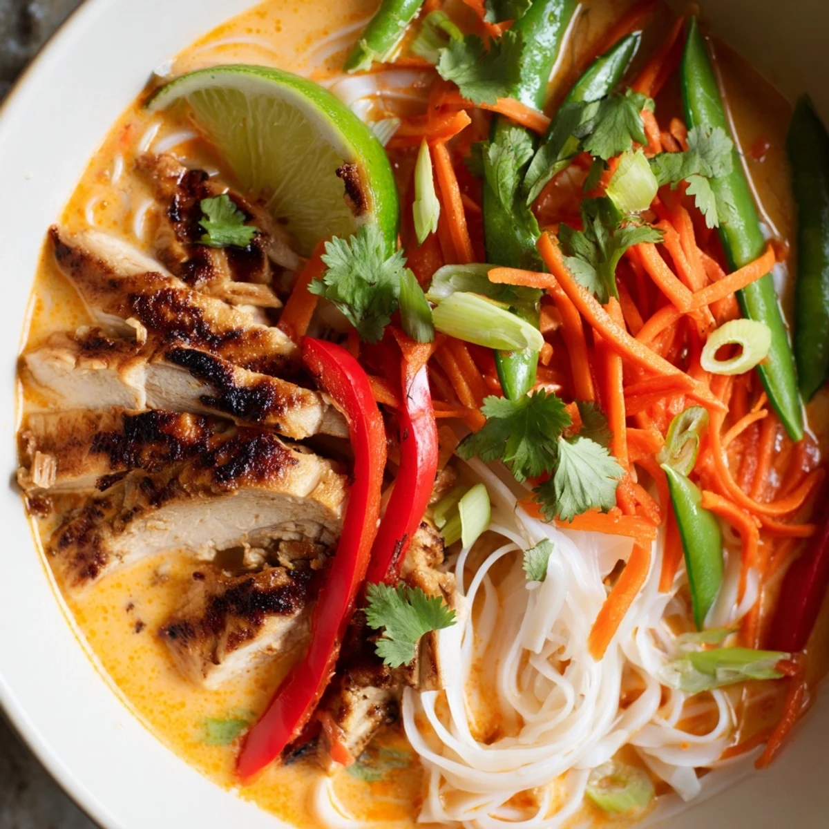 Spicy Thai Red Curry Noodle Soup with Grilled Chicken topped with green onions and vibrant red chili slices.