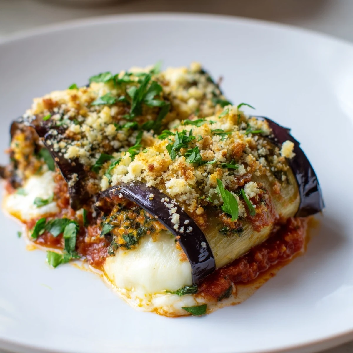 Tender roasted eggplant spirals filled with creamy ricotta in Baked Eggplant Rollatini with Ricotta and Marinara.