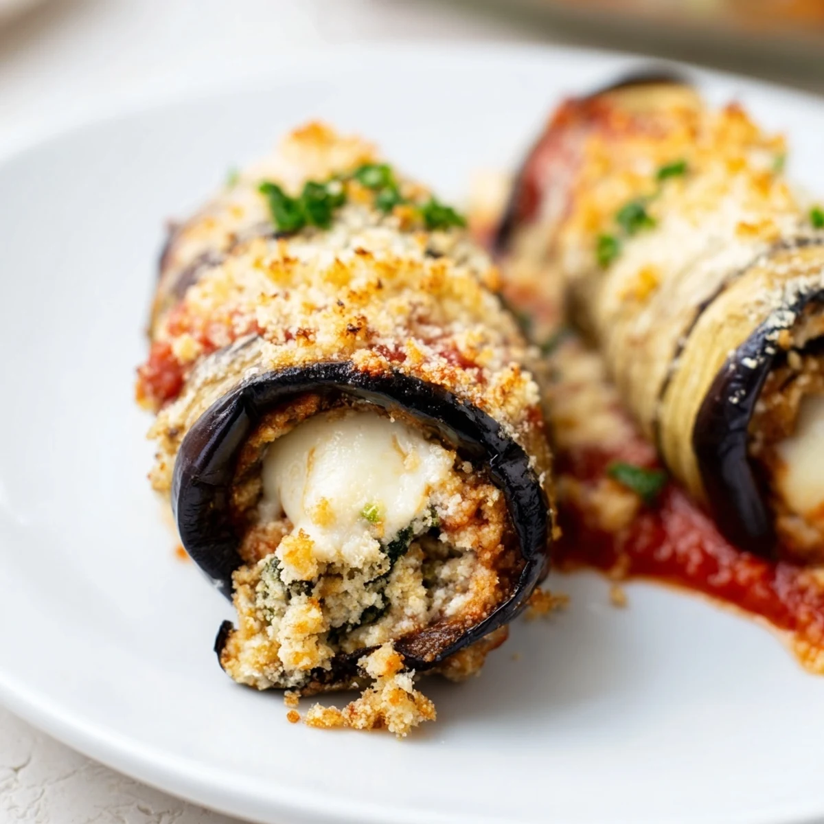 Golden-brown Baked Eggplant Rollatini with Ricotta and Marinara bubbling with melted mozzarella in a white baking dish.