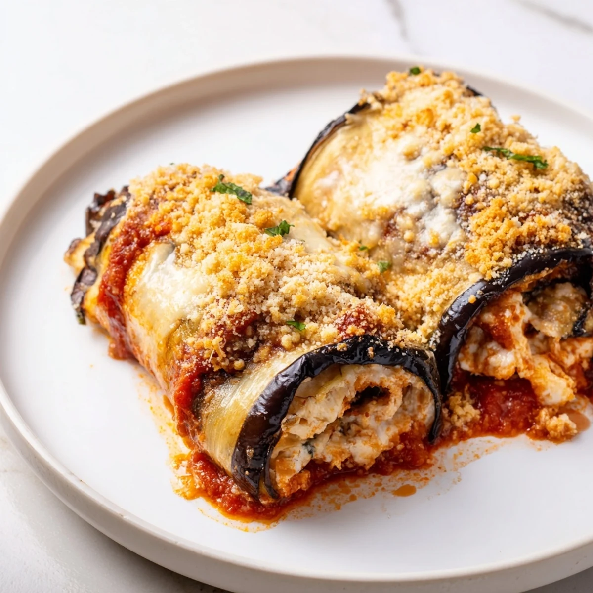 Spoonful of Baked Eggplant Rollatini with Ricotta and Marinara over marinara, garnished with fresh basil and Parmesan.