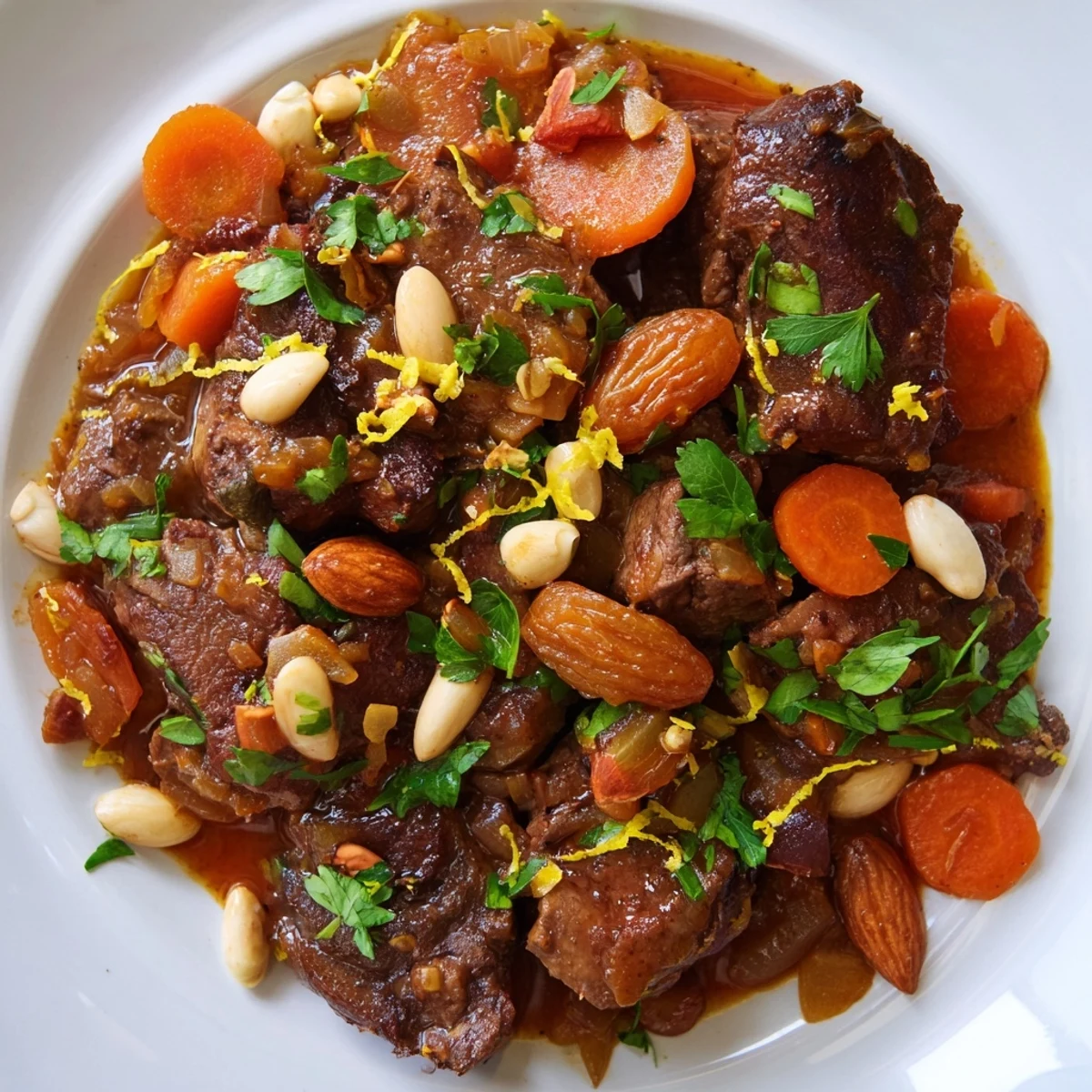 Slow Cooker Moroccan Lamb Tagine with Apricots and Almonds stewed to tender perfection, garnished with fresh cilantro and almonds.