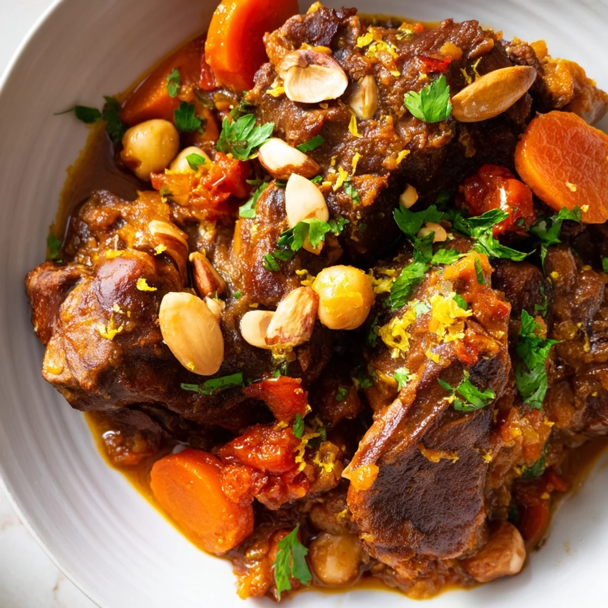Tender lamb and sweet apricots in a Slow Cooker Moroccan Lamb Tagine with Apricots and Almonds, served over fluffy rice.