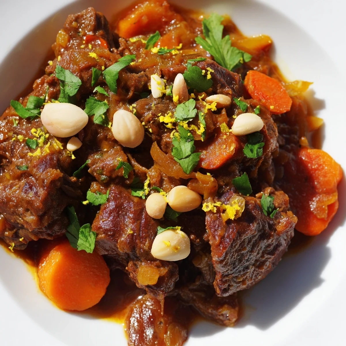 A steaming bowl of Slow Cooker Moroccan Lamb Tagine with Apricots and Almonds, revealing golden almonds and glistening apricots in rich broth.