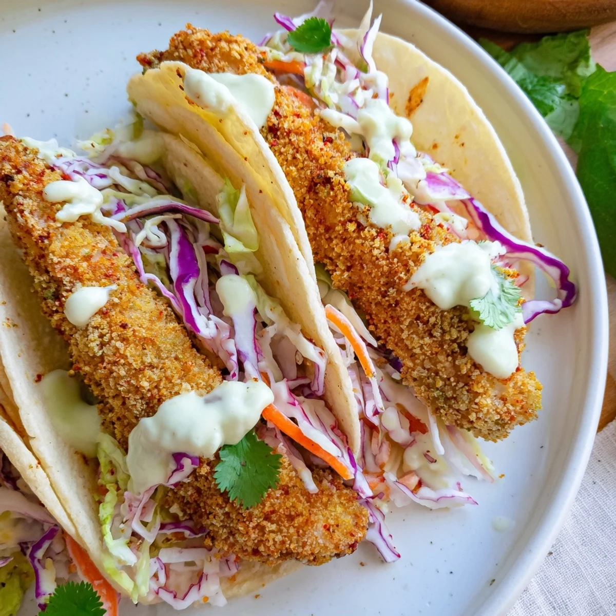 Golden Crispy Fish Tacos with Cabbage Slaw and Lime Crema are tucked into warm corn tortillas.