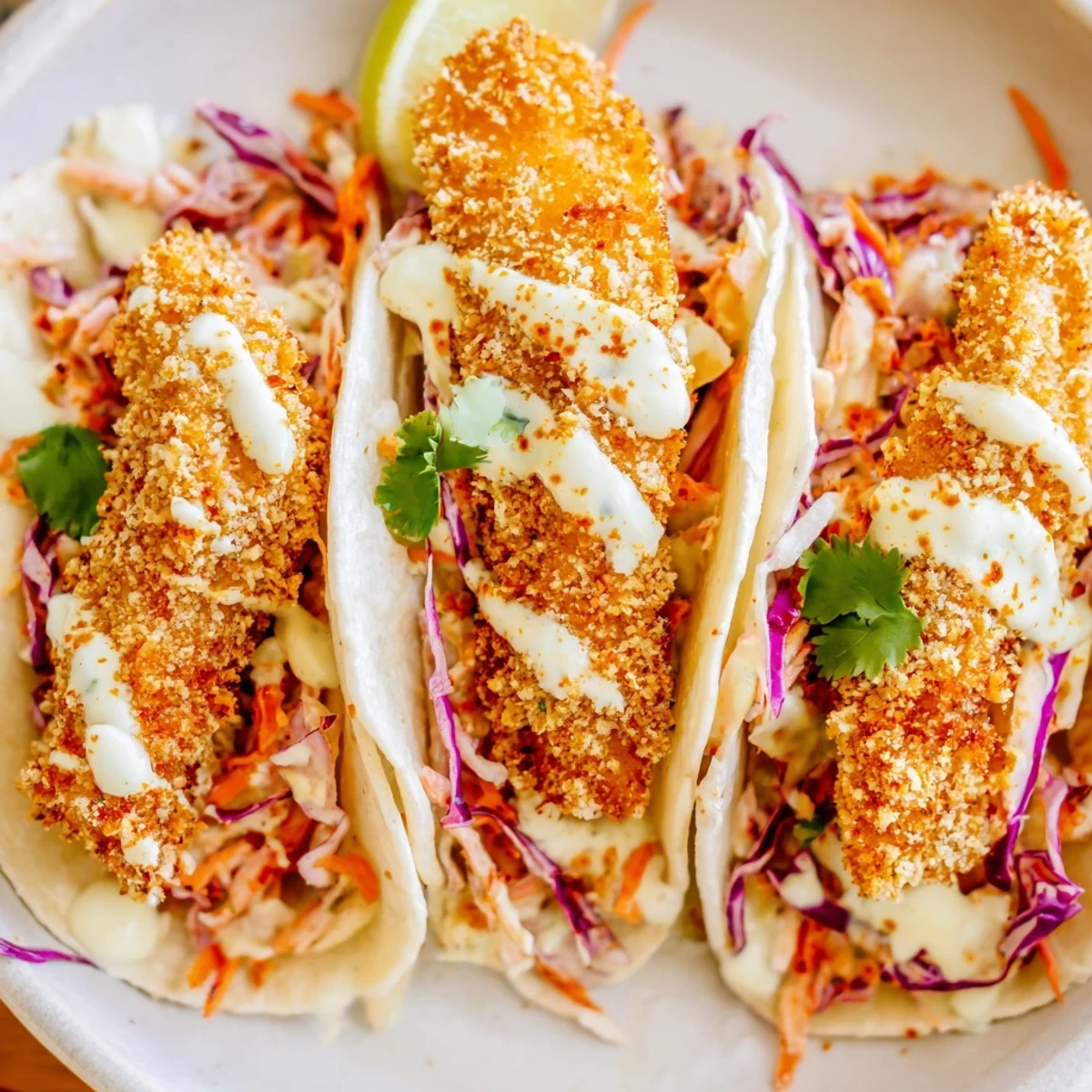 Close-up of Crispy Fish Tacos with Cabbage Slaw and Lime Crema drizzled with creamy sauce.