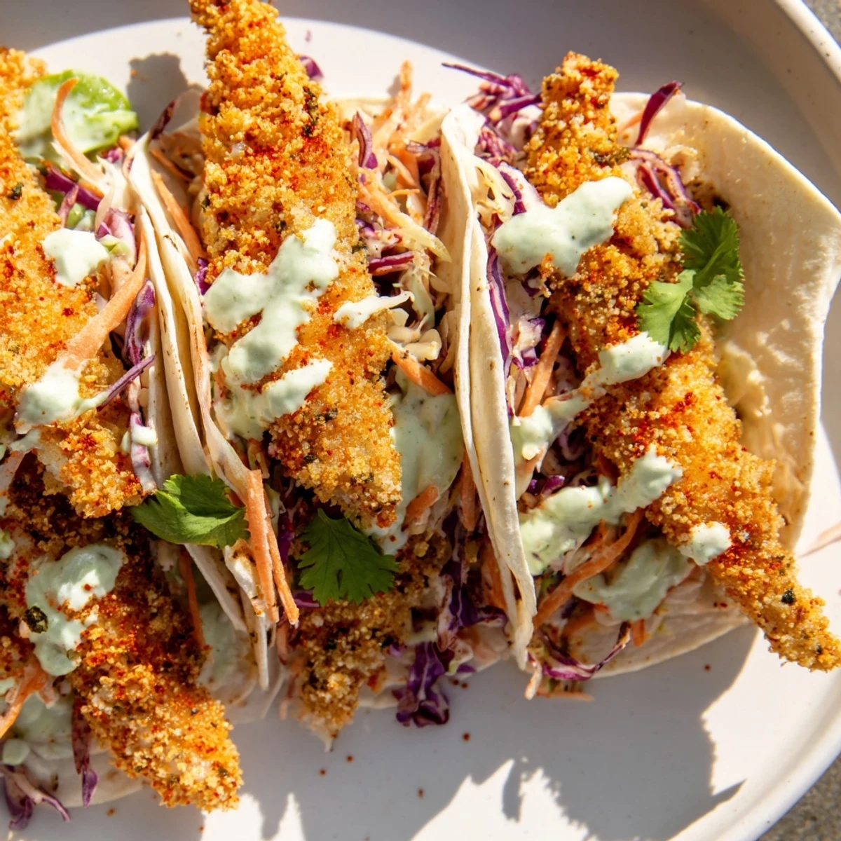 Crispy Fish Tacos with Cabbage Slaw and Lime Crema are topped with vibrant purple cabbage.