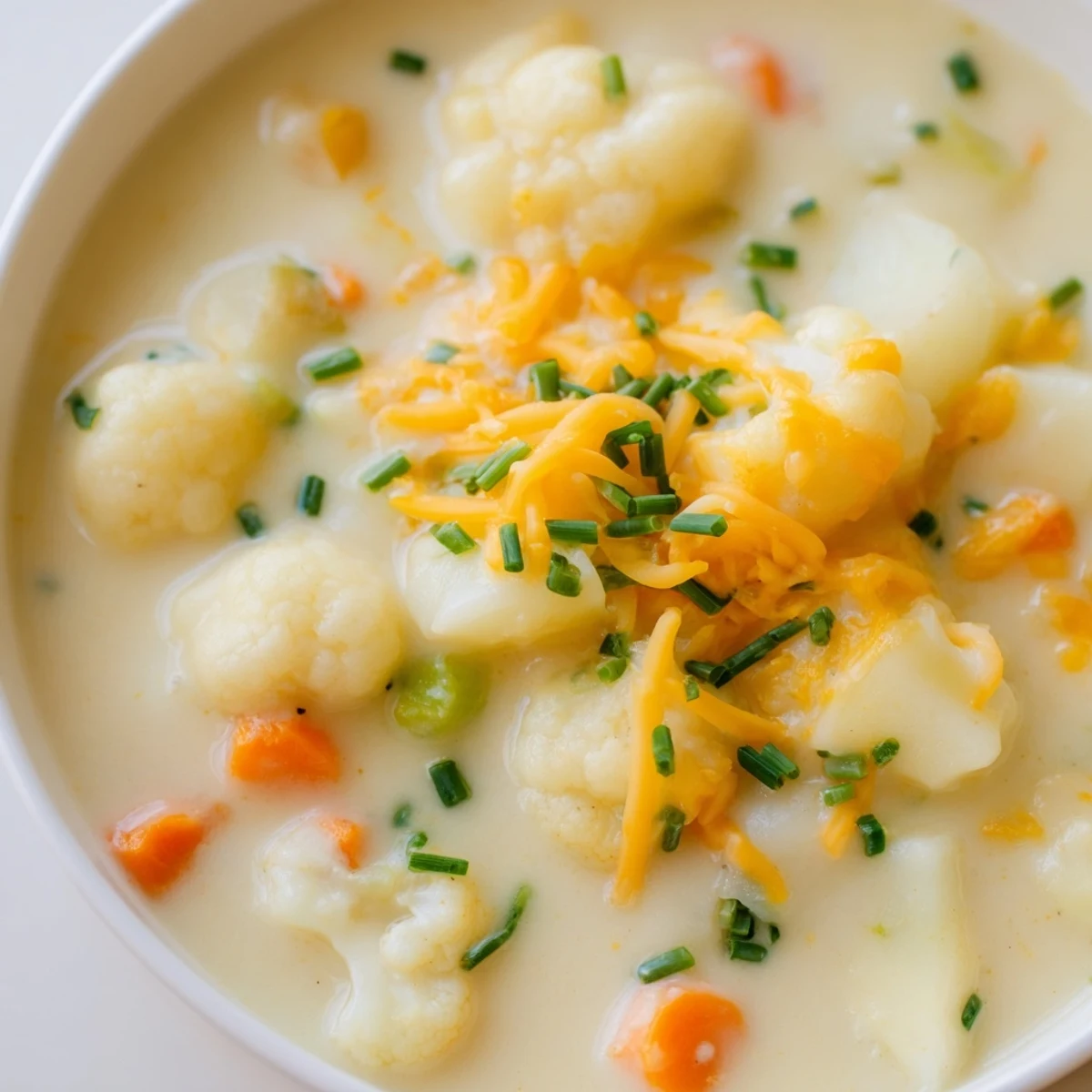 Creamy Cauliflower Chowder with Sharp Cheddar Cheese steaming in a rustic bowl, topped with fresh chives and extra grated cheese, paired with crusty bread.