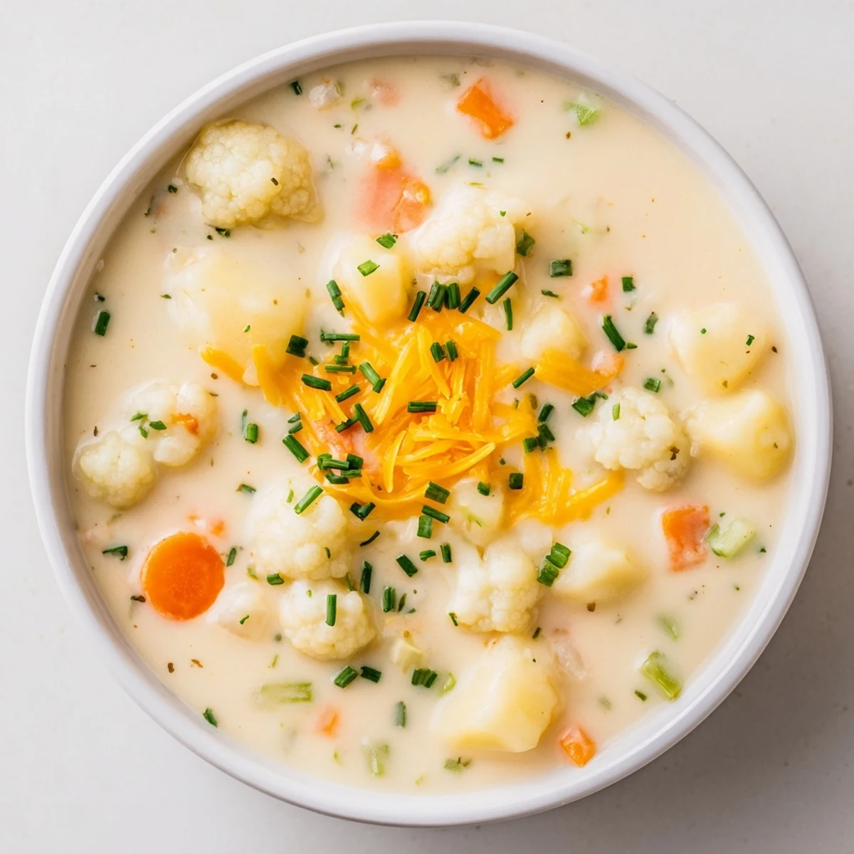 Hearty Creamy Cauliflower Chowder with Sharp Cheddar Cheese ladled from a pot, featuring tender vegetables and a velvety golden broth ready to warm chilly evenings.