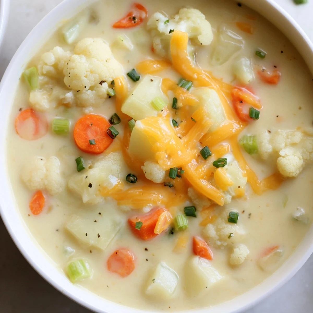 Close-up of Creamy Cauliflower Chowder with Sharp Cheddar Cheese, melted cheese strings and smoky paprika garnish over cauliflower florets for an irresistible comfort food shot.