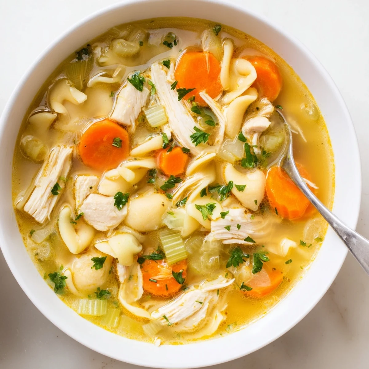 A bowl of steaming Chicken Noodle Soup filled with tender shredded chicken, carrots, and egg noodles in golden broth.