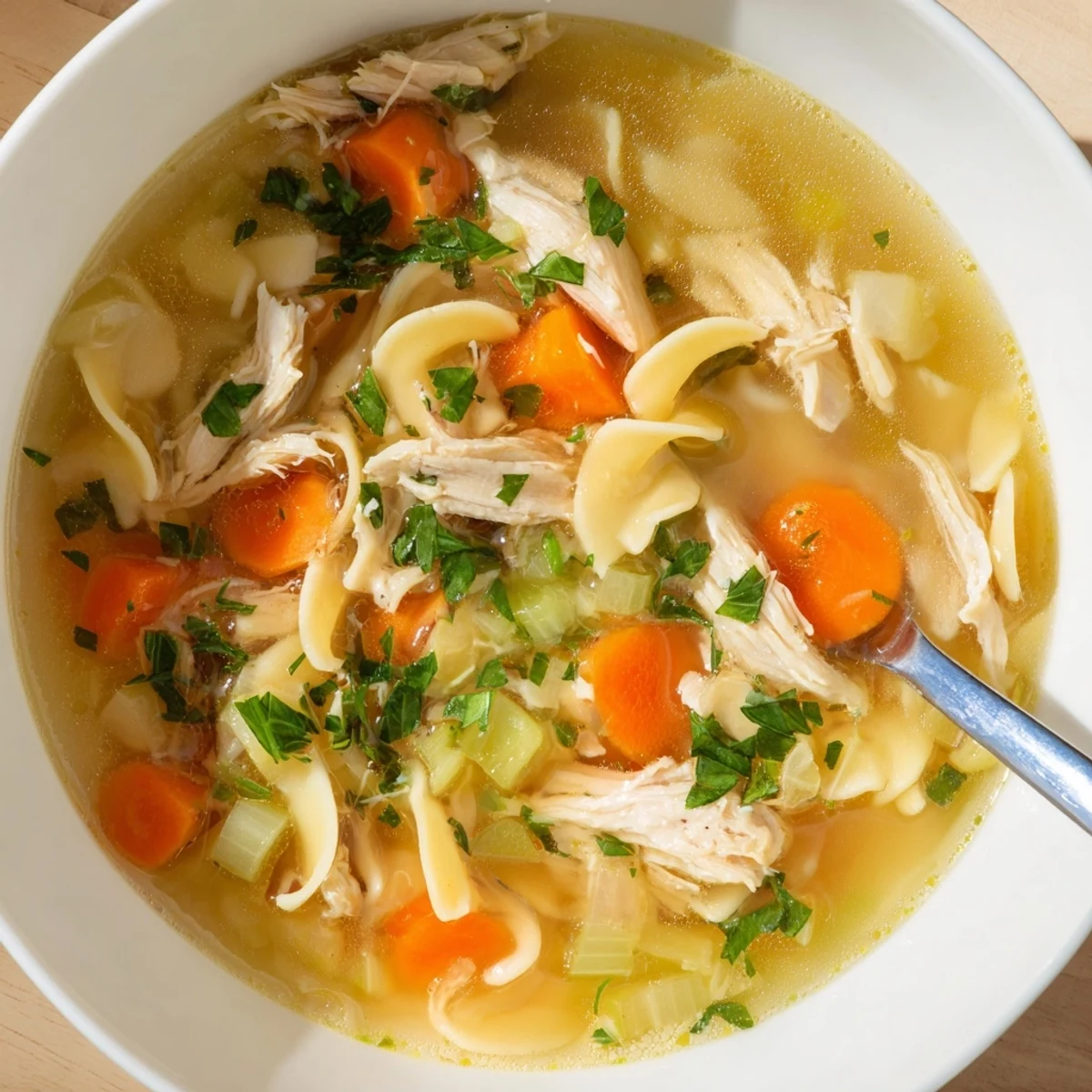 Cozy, comforting Chicken Noodle Soup served in a rustic bowl with steam rising from the savory broth.