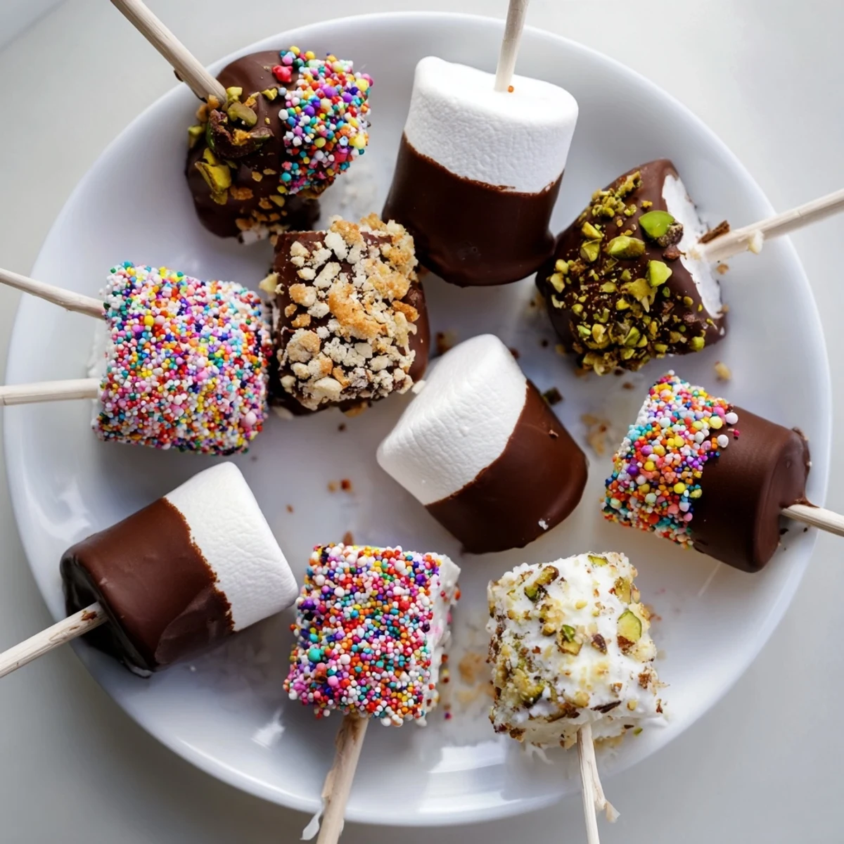 Fluffy marshmallows are half-dipped in glossy melted chocolate, sprinkled with colorful rainbow toppings for a festive, sweet bite.