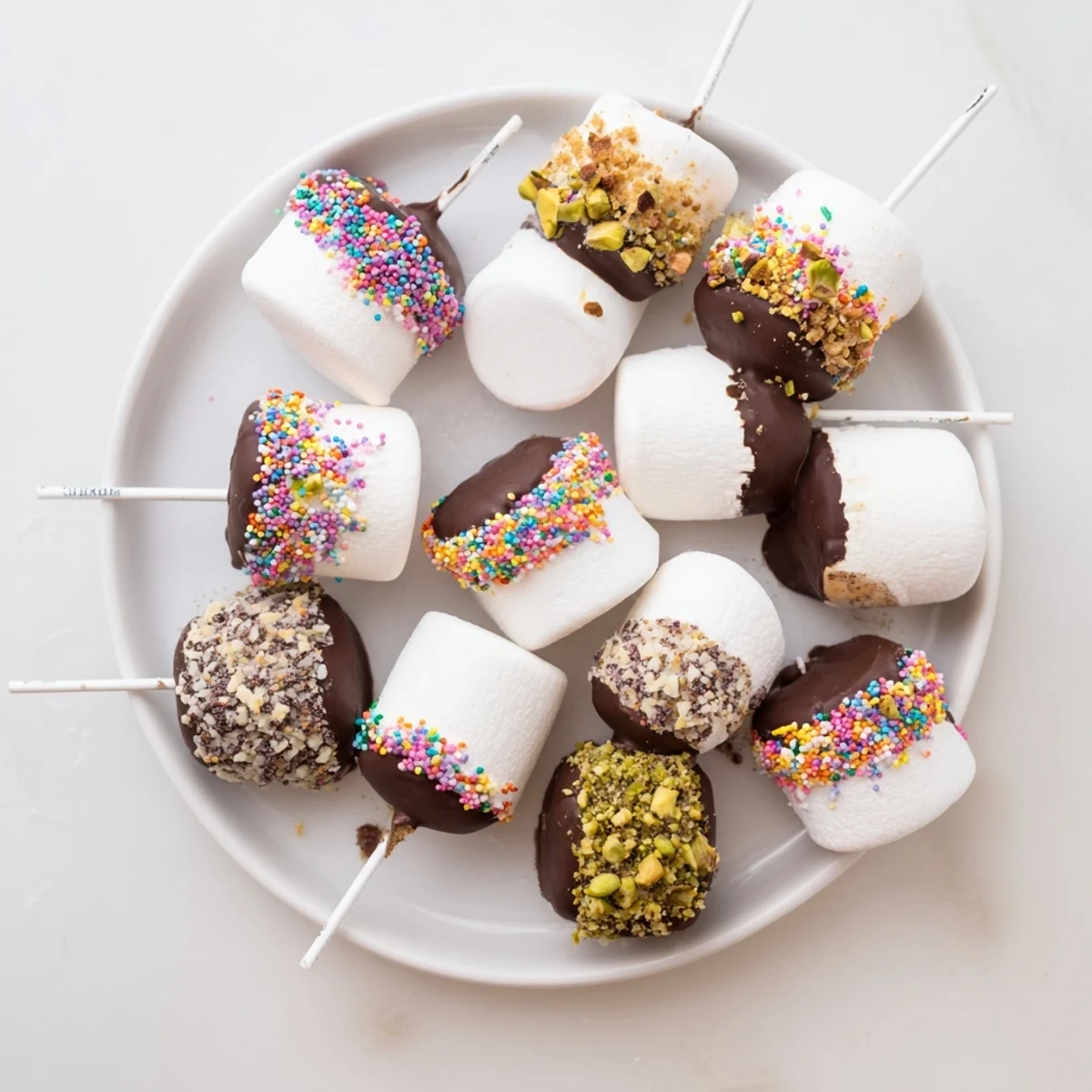 Twelve chocolate-dipped marshmallows rest on a tray, some adorned with crushed nuts and shredded coconut for extra crunch.
