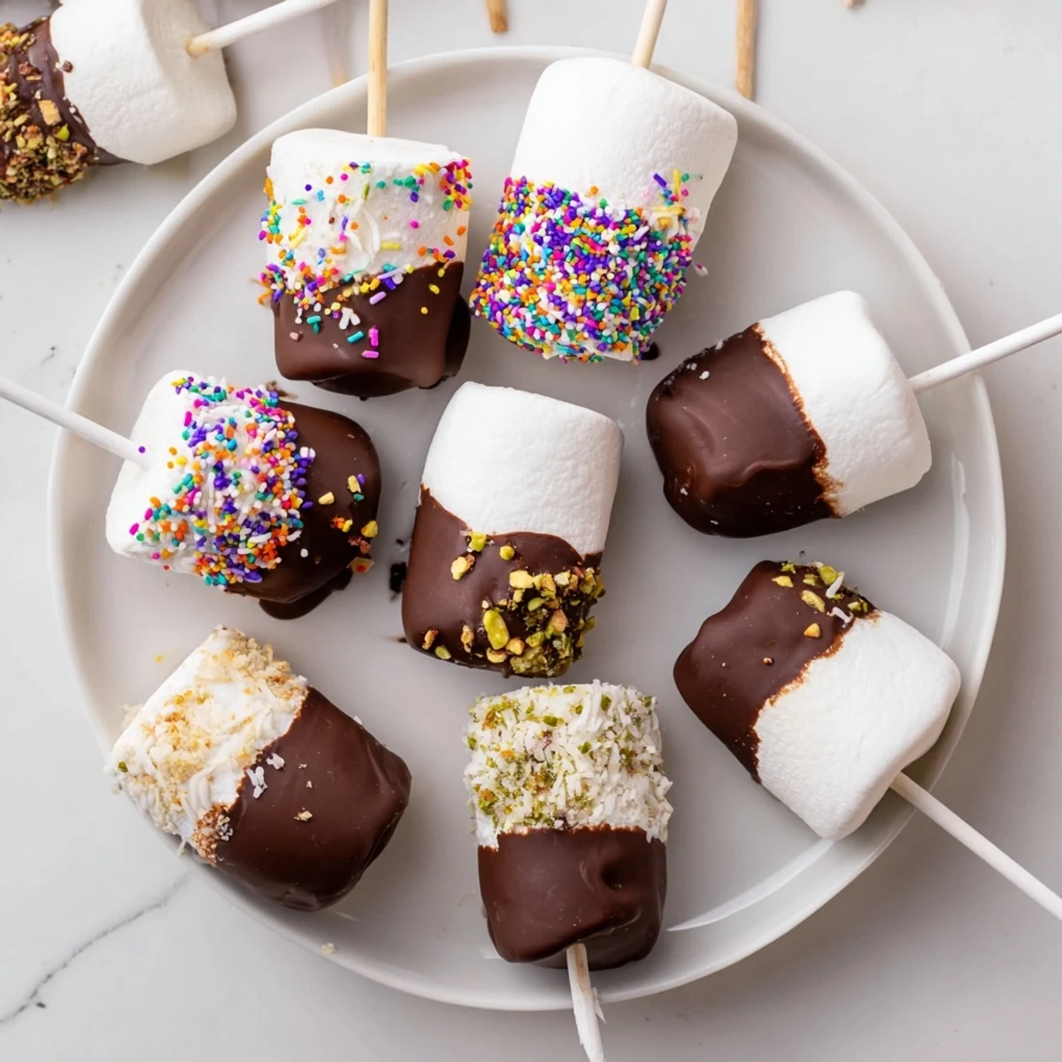A close-up shows rich dark chocolate coating marshmallows, ready to be served as an easy homemade party dessert.